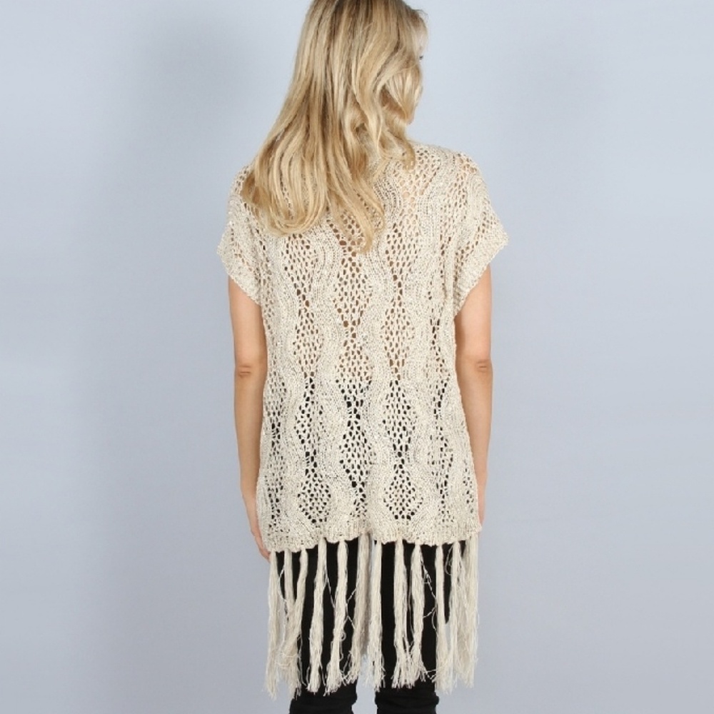 NWT Sequin and Fringe Open Weave Knit Tunic Sweater OSFM In Tan - Picture 3 of 3